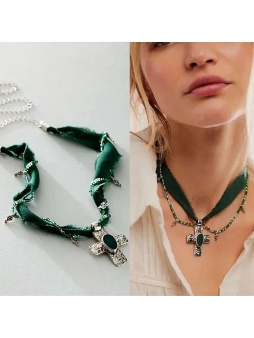 Free People Green and Silver Cross Pendant Necklace NWT